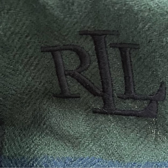 Ralph Lauren Navy and Green Large Plaid Fringed Scarf - Picture 5 of 8